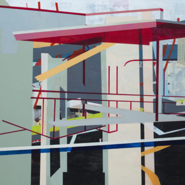 Painting titled "Well Known from Long Association" by Linnie Brown, with gray, white, black, and red abstracted architectural elements
