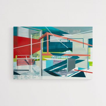 Large green, gray, white, and red abstract painting by Utah artist Linnie Brown. Featuring abstracted architecture and geometric shapes, this painting is available in Seattle gallery
