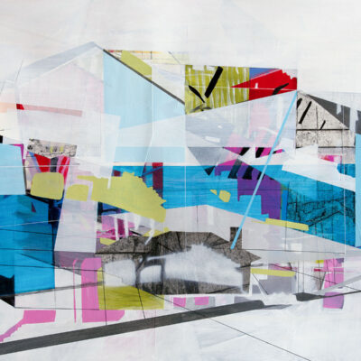 "Architecture of the Ordinary", acrylic, collage, and spray paint on paper, 2023, 30x22" + framing, $1600.  