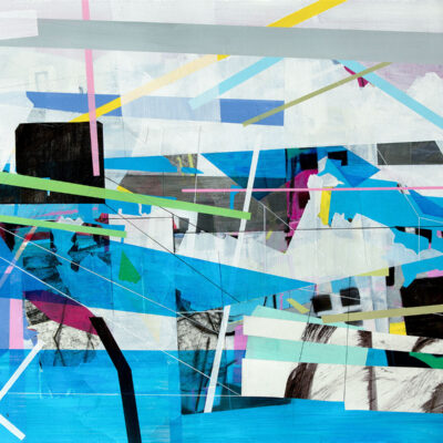 "Again and Again", acrylic, collage, and spray paint on paper, 2023, 30x22" + framing, $1600.  
