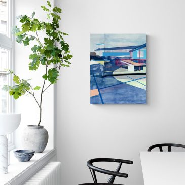 Medium size blue, black, and white abstract painting by Utah artist Linnie Brown. Featuring abstracted architecture and geometric shapes, this painting is shown in a contemporary living space. Available in Seattle gallery