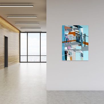 large blue, white, gray, brown, pink and black abstract painting by Utah artist Linnie Brown. Featuring abstracted architecture and geometric shapes, this painting is available at the artist's online shop