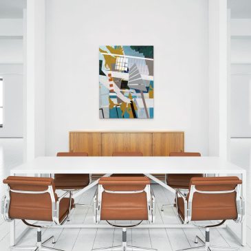 Shows an abstract painting by Utah artist Linnie Brown. Features geometric shapes, abstracted architectural elements, and the colors of blue, gray, orange, white, blue, and green