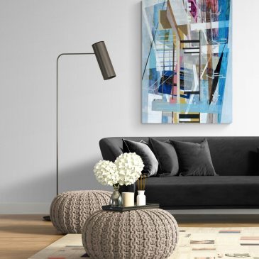 abstract painting by Utah artist Linnie Brown featuring abstracted architecture. In blue, white, gray, pink, brown