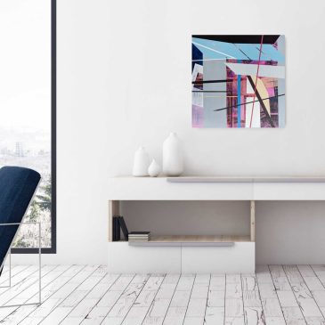 Shows a 24x24" abstract painting by Utah artist Linnie Brown. The painting features bold geometric shapes derived from architectural elements, and it is painted in pink, blue, gray, black, and white.