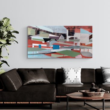 large wall art by Utah artist Linnie Brown with abstracted architecture in gray, white, orange, green, blue, black, and white